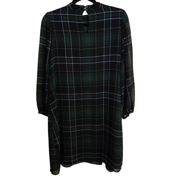 Ann Taylor Green Black Plaid Pintuck Long Balloon Sleeve A Line Dress Size M - Picture 3 of 9